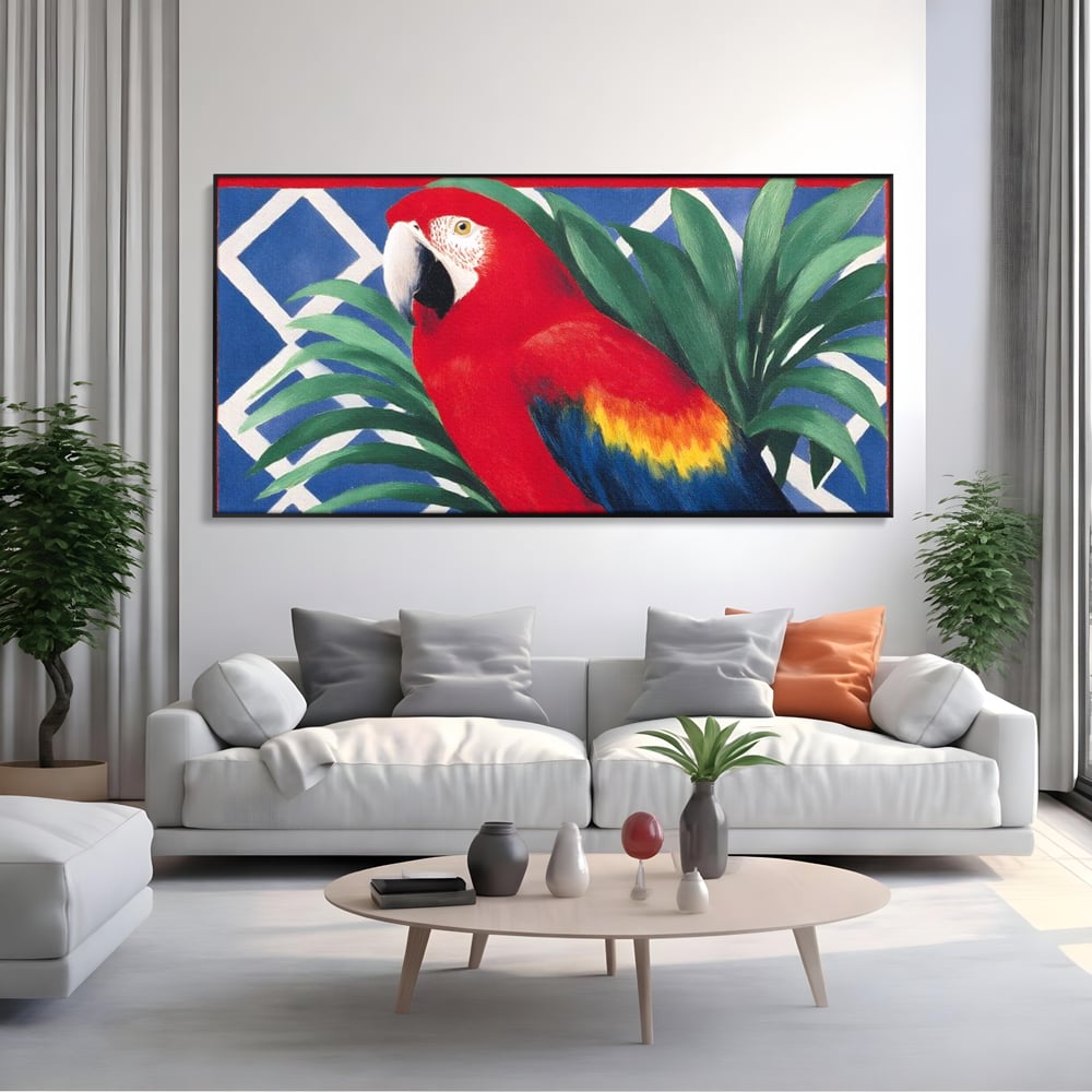 Tablou canvas cu tablou canvas cu papagal rosu, in rama de aluminiu negru, pe perete intr-un living